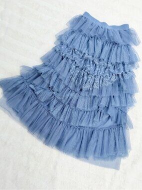 Anthropologie Ruffled Tulle Lace Midi Skirt Dusty Blue